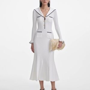 Self-portrait White Viscose Rib Knit Midi Dress